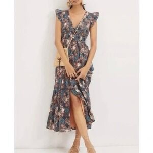 Anthropologie Peregrine Smocked Ruffle Midi Dress Size Medium
